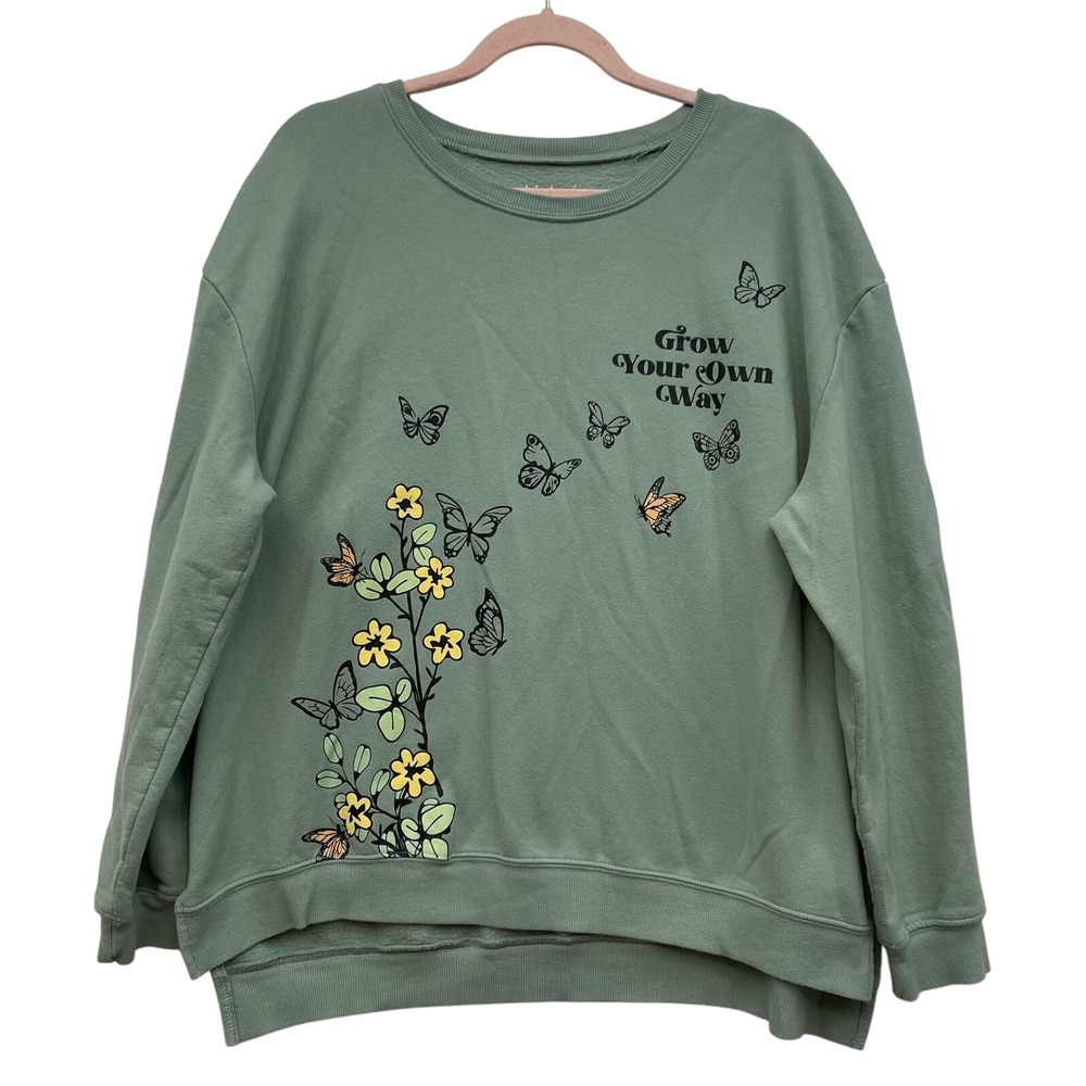 Weekend Soul Butterfly Crewneck Sweatshirt XL Sage Green Floral Cottagecore